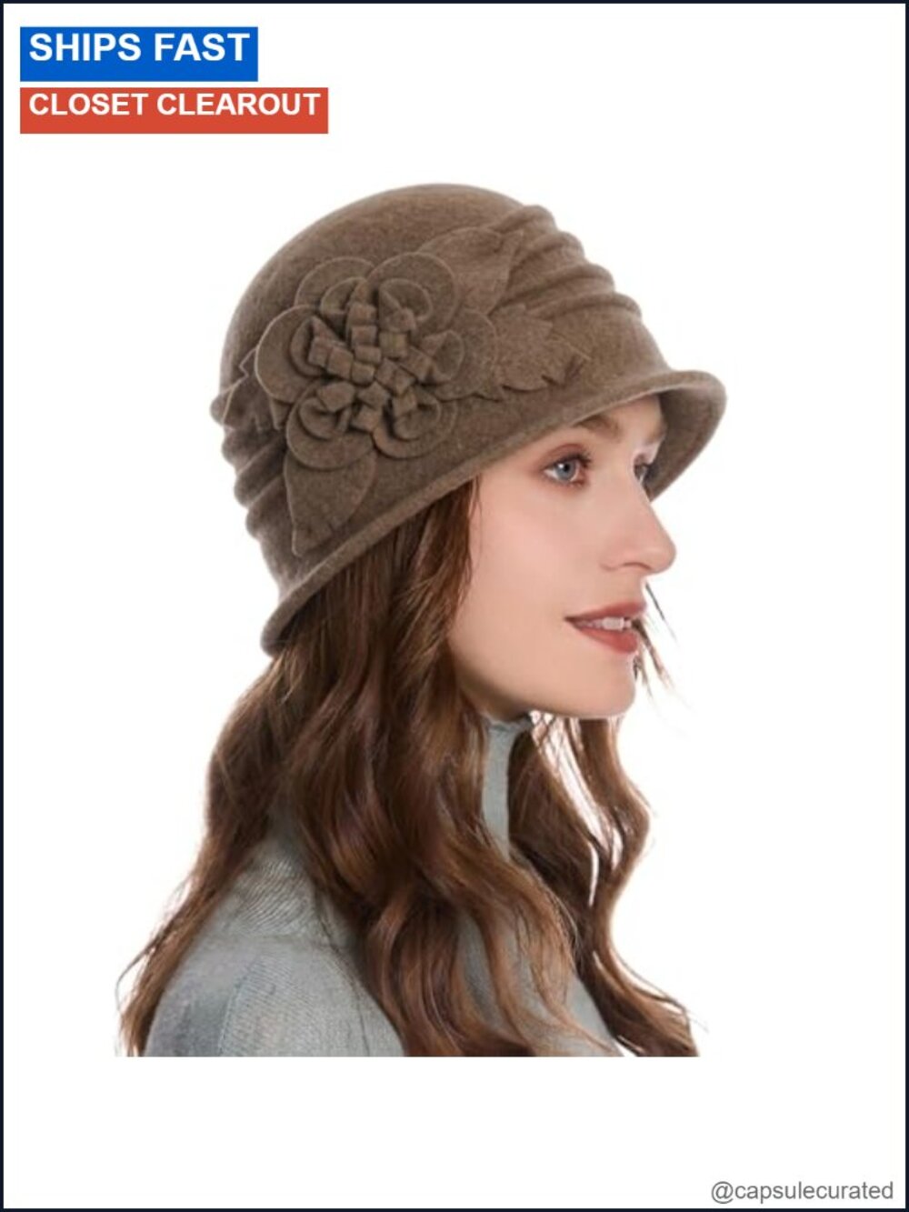 Wool Blend Cloche Bucket Hat with Flower Vintage Winter Hat